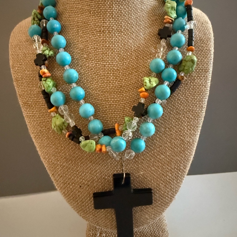 Southwestern Boho Natural Gemstone Cross Triple Strand Statement Necklace